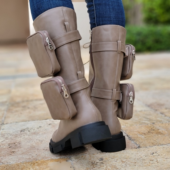 Women's Taupe Lace up High Combat Boots Lug Sole - Picture 2 of 4